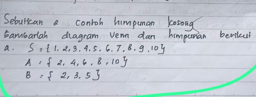 Sebulican a contoh himpunan cosong 
bambarlah diagram vern dan hompurian benieuf 
a. S= 1,2,3,4,5,6,7,8,9,10
A= 2,4,6,8,10
B= 2,3.5