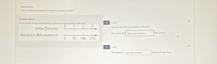 Instructions 
Use the following diagram to answer questions 2 and 3 
Constant Speed 
A car travels at a constant speed, as shown on the double number line. 2 1 point
0 2 3
time (hours) How far does the car travel in 14 hours? 
distance (kilometers) The car travels Itype your answer... kilometers
0 70 140 210
3 1 point 
The speed is type your answer... kilometers oer hour