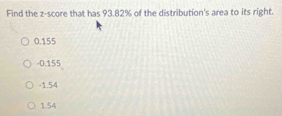 Find the z-score that has 93.82% of the distribution's area to its right.
0.155
-0.155
-1.54
1.54