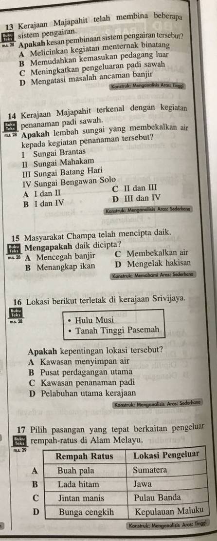 Kerajaan Majapahit telah membina beberapa
aot sistem pengairan.
m. 28 Apakah kesan pembinaan sistem pengairan tersebut?
A Melicinkan kegiatan menternak binatang
B Memudahkan kemasukan pedagang luar
C Meningkatkan pengeluaran padi sawah
D Mengatasi masalah ancaman banjir
Konstruk: Menganalisis Aras: Tinggi
14 Kerajaan Majapahit terkenal dengan kegiatan
penanaman padi sawah.
ms 28 Apakah lembah sungai yang membekalkan air
kepada kegiatan penanaman tersebut?
I Sungai Brantas
II Sungai Mahakam
III Sungai Batang Hari
IV Sungai Bengawan Solo
A I dan I C II dan III
B I dan IV D ⅢI dan IV
Konstruk: Menganalisis Aras: Sederhana
15 Masyarakat Champa telah mencipta daik.
Mengapakah daik dicipta?
m.s. 28 A Mencegah banjir C Membekalkan air
B Menangkap ikan D Mengelak hakisan
Konstruk: Memahami Aras: Sederhana
16 Lokasi berikut terletak di kerajaan Srivijaya.
ms. 28 Hulu Musi
Tanah Tinggi Pasemah
Apakah kepentingan lokasi tersebut?
A Kawasan menyimpan air
B Pusat perdagangan utama
C Kawasan penanaman padi
D Pelabuhan utama kerajaan
Konstruk: Menganalisis Aras: Søderhana
17 Pilih pasangan yang tepat berkaitan pengeluar
Tcks rempah-ratus di Alam Melayu.
m.s. 2
Konstruk: Menganali