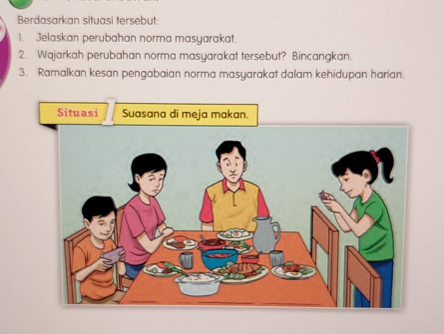 Berdasarkan situasi tersebut: 
1. Jelaskan perubahan norma masyarakat. 
2. Wajarkah perubahan norma masyarakat tersebut? Bincangkan. 
3. Ramalkan kesan pengabaian norma masyarakat dalam kehidupan harian. 
Situasi Suasana di meja makan.