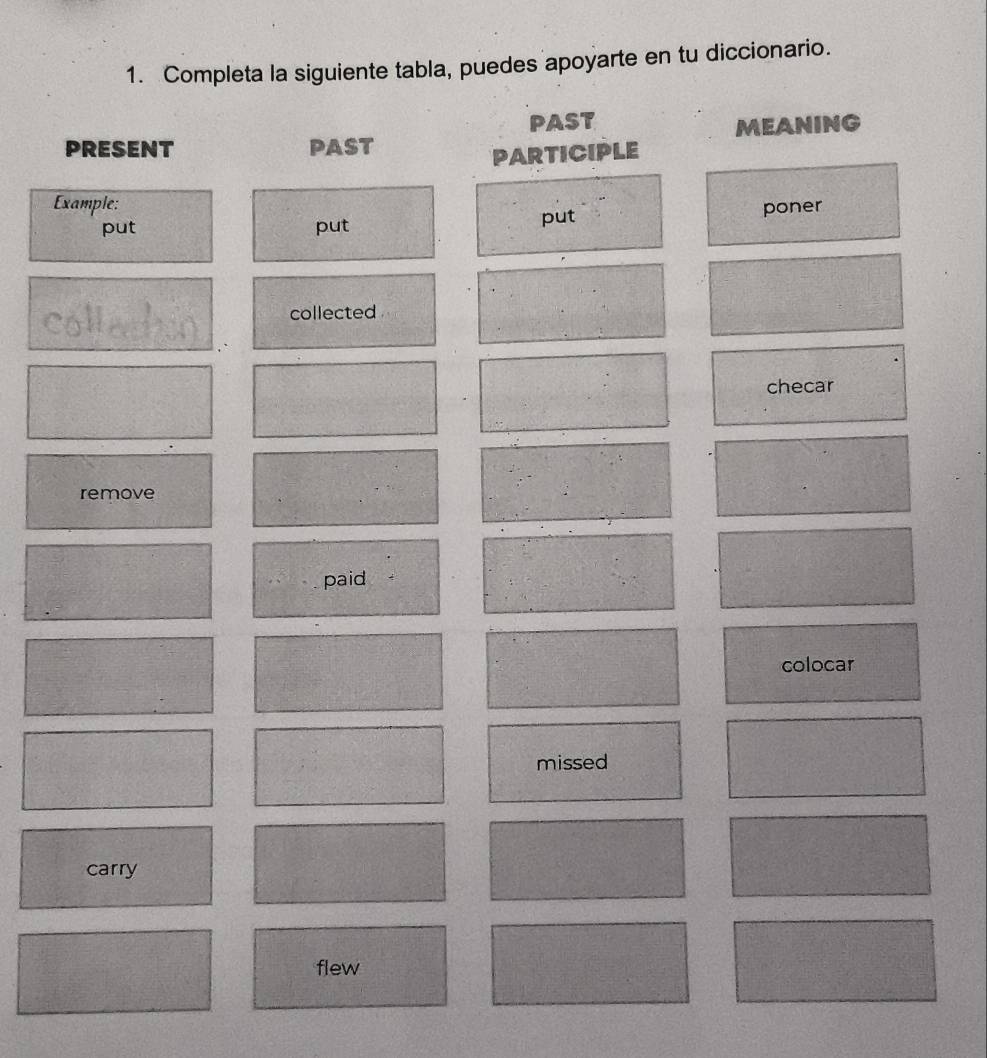 Completa la siguiente tabla, puedes apoyarte en tu diccionario. 
PAST 
PRESENT pAst MEANING 
PARTICIPLE 
Example: 
put put put poner 
collected 
checar 
remove 
paid 
colocar 
missed 
carry 
flew