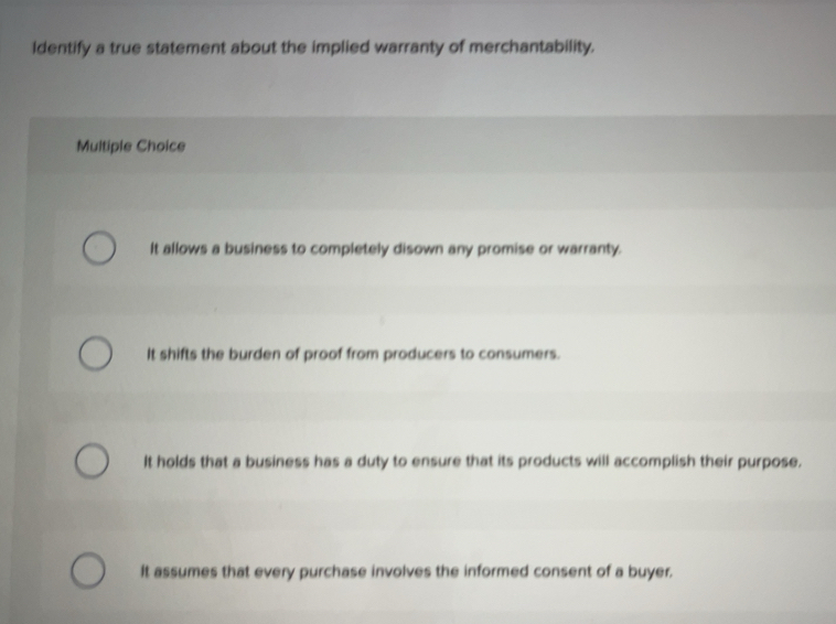 Solved: Identify a true statement about the implied warranty of ...