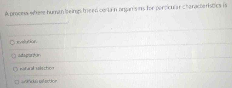 A process where human beings breed certain organisms for particular characteristics is
_.
evolution
adaptation
natural selection
artificial selection