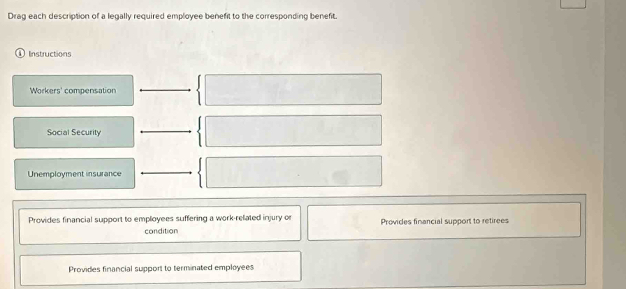 Drag each description of a legally required employee benefit to the corresponding benefit.
Instructions
Workers' compensation
Social Security
Unemployment insurance
Provides financial support to employees suffering a work-related injury or Provides financial support to retirees
condition
Provides financial support to terminated employees