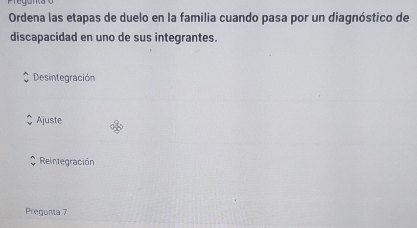 egunta
Ordena las etapas de duelo en la familia cuando pasa por un diagnóstico de
discapacidad en uno de sus integrantes.
Desintegración
Ajuste
Reintegración
Pregunta 7