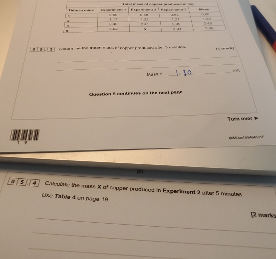 0 5 3 Determine the mean mass of copper produced after 3 minutes. [1 mark] 
_ 
_ 
_TTVg 
Mass ''' 
Question 5 continues on the next page 
Turn over 
)B/MJun18/8464/C/1F 
7-, 
20 
0 5 4 Calculate the mass X of copper produced in Experiment 2 after 5 minutes. 
Use Table 4 on page 19 
_ 
[2 marks 
_ 
_