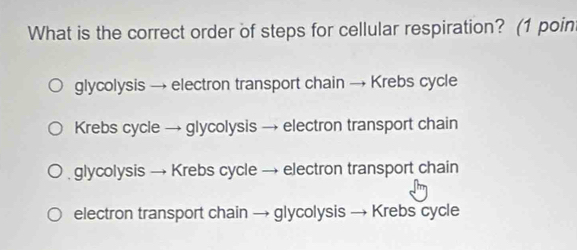 What is the correct order of steps for cellular respiration? (1 poin
glycolysis → electron transport chain → Krebs cycle
Krebs cycle → glycolysis → electron transport chain
glycolysis → Krebs cycle → electron transport chain
electron transport chain → glycolysis → Krebs cycle