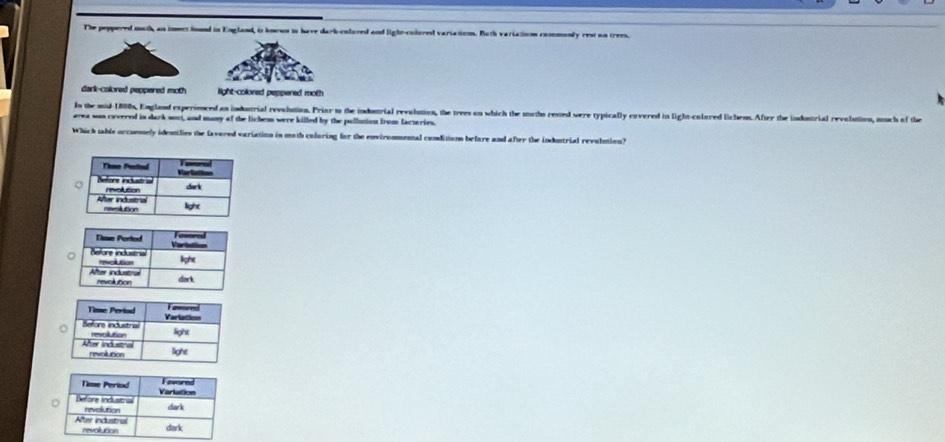 The peppered math, an imert found in England, is known to have darb-colured and light-colored variation. Buth variation commenly rest on trees.
dark-colored peppered moth light-coloned peppered moth 
In the mid- 1800, England experienced an induntrial revolution. Priar to the indontrial revalution, the trees on which the motho rested were typically covered in light-colared lichens. After the industrial revolution, much of the
area was covered in dark sost, and many of the lichems were killed by the pullution from facteries.
Which table occoemely identlies the lavered variation in moth coluring for the envirommental conditions before and after the induntrial revolution?
