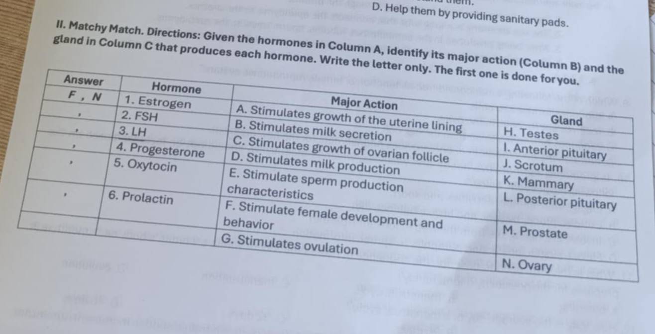 em. 
D. Help them by providing sanitary pads. 
II. Matchy Match. Directions: Given the hormones in Column A, identify its major action (Colu 
gland in Column C that produces each hormone. Write the le