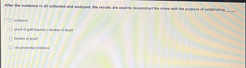 After the evidence is all collected and analyzed, the results are used to reconstruct the crime with the purpose of establishing_
evidence
proof of guilt beyond a shadow of doubt
burden of proof
circumstantial evidence