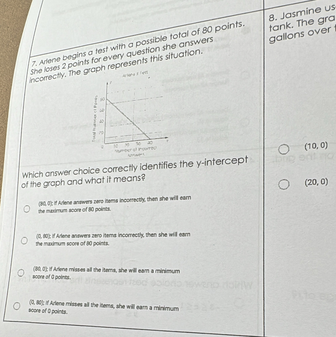 Jasmine us
gallons over
7. Arlene begins a test with a possible total of 80 points. tank. The gra
She loses 2 points for every question she answers
incorrectly. The graph represents this situation.
W 5 「nsr
(10,0)
Which answer choice correctly identifies the y-intercept
of the graph and what it means?
(20,0)
(80,0); If Arlene answers zero items incorrectly, then she will earn
the maximum score of 80 points.
(0,80) ); If Arlene answers zero items incorrectly, then she will earn
the maximum score of 80 points.
(80,0); If Arlene misses all the items, she will earn a minimum
score of 0 points.
(0,80) ); If Arlene misses all the items, she will earn a minimum
score of 0 points.