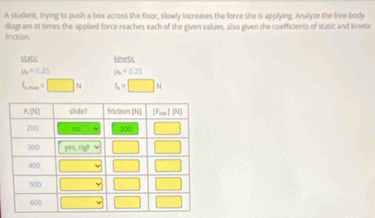 A student, trying to push a box across the floor, slowly increases the force she is applying. Analyze the free-body
diagram at times the applied force reaches each of the given values, also given the coefficients of static and kinetic
friction.
static kinetic
mu _2=0.35 mu _k=0.25
f_2max=□ N f_k=□ N