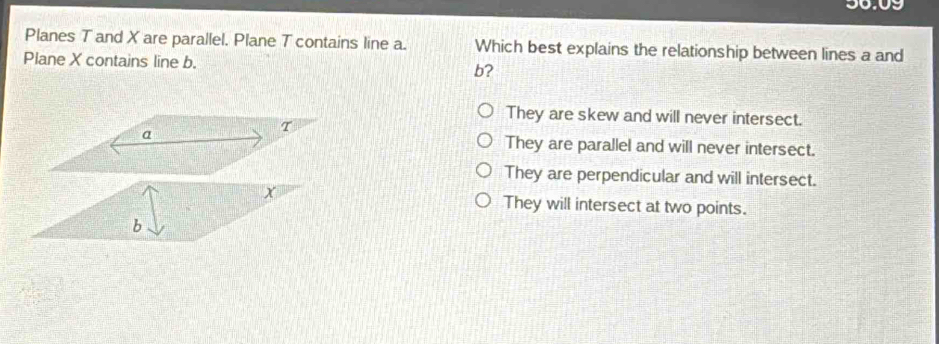 Planes T and X are parallel. Plane T contains line a. Which best explains the relationship between lines a and
Plane X contains line b. b?
They are skew and will never intersect.
T
a They are parallel and will never intersect.
They are perpendicular and will intersect.
x
They will intersect at two points.
b