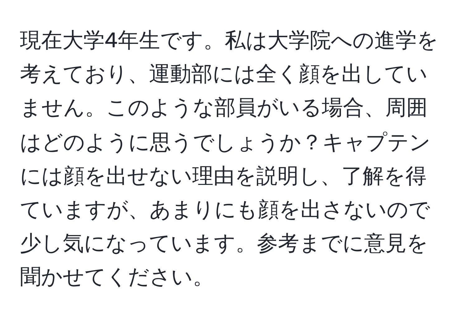 現在大学4年生です。私は大学院への進学を考えており、運動部には全く顔を出していません。このような部員がいる場合、周囲はどのように思うでしょうか？キャプテンには顔を出せない理由を説明し、了解を得ていますが、あまりにも顔を出さないので少し気になっています。参考までに意見を聞かせてください。