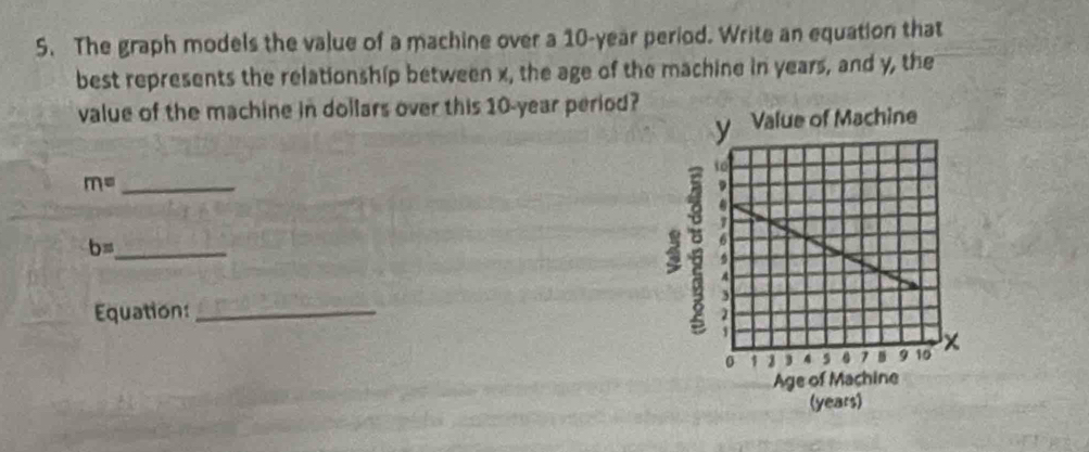 The graph models the value of a machine over a 10-year period. Write an equation that 
best represents the relationship between x, the age of the machine in years, and y, the 
value of the machine in dollars over this 10-year period?
m= _
b= _ 
Equation:_ 
(years)