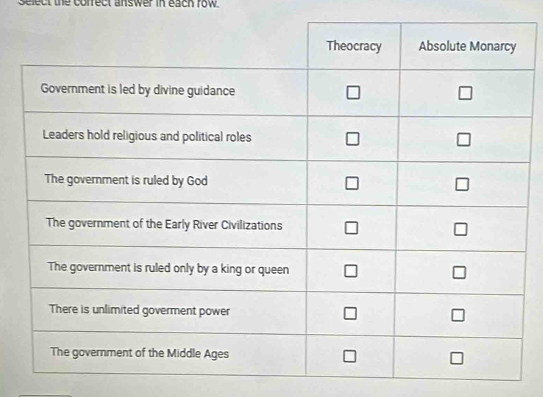 select the cofrect answer in each row