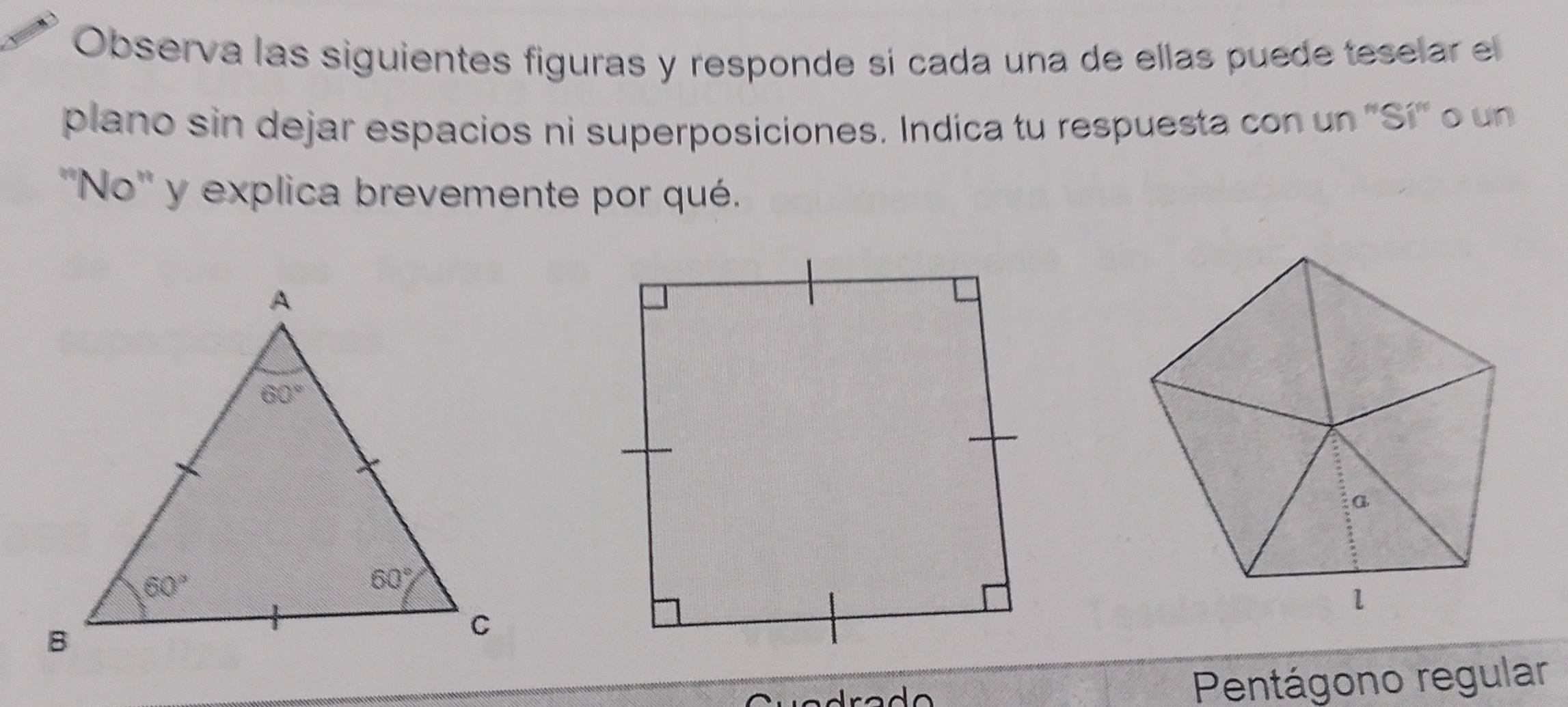 Observa las siguientes figuras y responde sí cada una de ellas puede teselar el
plano sin dejar espacios ni superposiciones. Indica tu respuesta con un ''Sí' o un
''No'' y explica brevemente por qué.
Pentágono regular