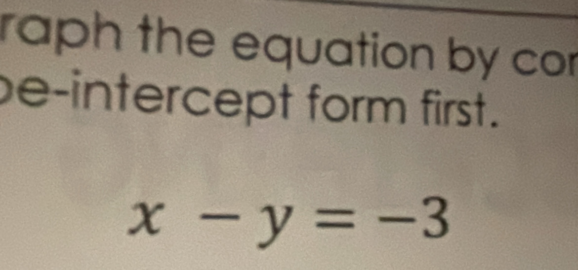 raph the equation by cor 
be-intercept form first.
x-y=-3