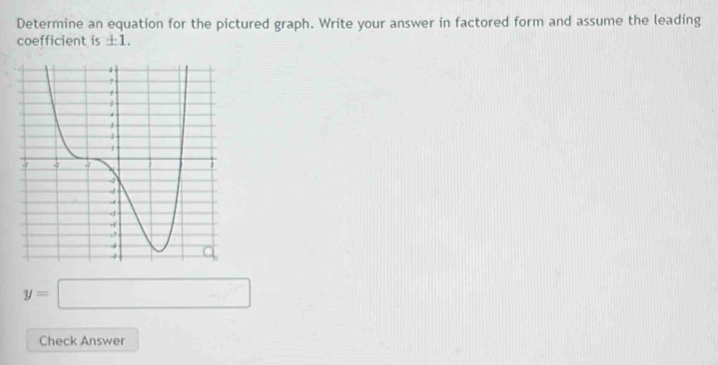 Determine an equation for the pictured graph. Write your answer in factored form and assume the leading 
coefficient is ±1.
y=□
Check Answer