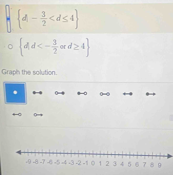  d|- 3/2 
 d|d<- 3/2 ord≥ 4
Graph the solution. 
. 
L