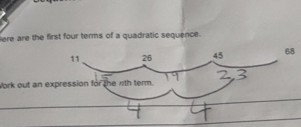 ere are the first four terms of a quadratic sequence. 
Work out an expression for the 71th term.