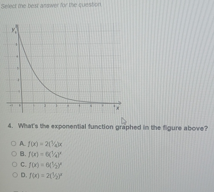 Select the best answer for the question
4. What's the exponential function graphed in the figure above?
A. f(x)=2(1/4)x
B. f(x)=6(1/4)^x
C. f(x)=6(1/2)^x
D. f(x)=2(^1/_2)^x