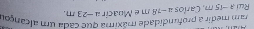 Aldn 
ram medir a profundidade máxima que cada um alcançou 
Rui a -15 m, Carlos a-18 m e Moacir a −23 m.