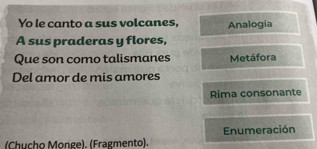 Yo le canto a sus volcanes, Analogía 
A sus praderas y flores, 
Que son como talismanes Metáfora 
Del amor de mis amores 
Rima consonante 
Enumeración 
(Chucho Monge). (Fragmento).