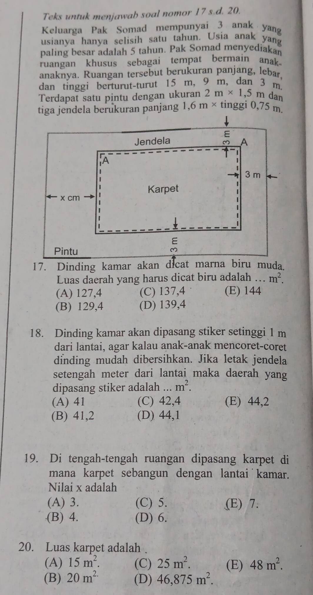 Teks untuk menjawab soal nomor 17 s.d. 20.
Keluarga Pak Somad mempunyai 3 anak yang
usianya hanya selisih satu tahun. Usia anak yang
paling besar adalah 5 tahun. Pak Somad menyediakan
ruangan khusus sebagai tempat bermain anak
anaknya. Ruangan tersebut berukuran panjang, lebar,
dan tinggi berturut-turut 15 m, 9 m, dan 3 m.
Terdapat satu pintu dengan ukuran 2m* 1,5m dan
1.6m × tinggi 0,75 m.
Luas daerah yang harus dicat biru adalah ….. m^2.
(A) 127,4 (C) 137,4 (E) 144
(B) 129,4 (D) 139,4
18. Dinding kamar akan dipasang stiker setinggi 1 m
dari lantai, agar kalau anak-anak mencoret-coret
dinding mudah dibersihkan. Jika letak jendela
setengah meter dari lantai maka daerah yang
dipasang stiker adalah ... m^2.
(A) 41 (C) 42, 4 (E) 44, 2
(B) 41,2 (D) 44, 1
19. Di tengah-tengah ruangan dipasang karpet di
mana karpet sebangun dengan lantai˙kamar.
Nilai x adalah
(A) 3. (C) 5. (E) 7.
(B) 4. (D) 6.
20. Luas karpet adalah .
(A) 15m^2. (C) 25m^2. (E) 48m^2. 
(B) 20m^(2.) (D) 46,875m^2.