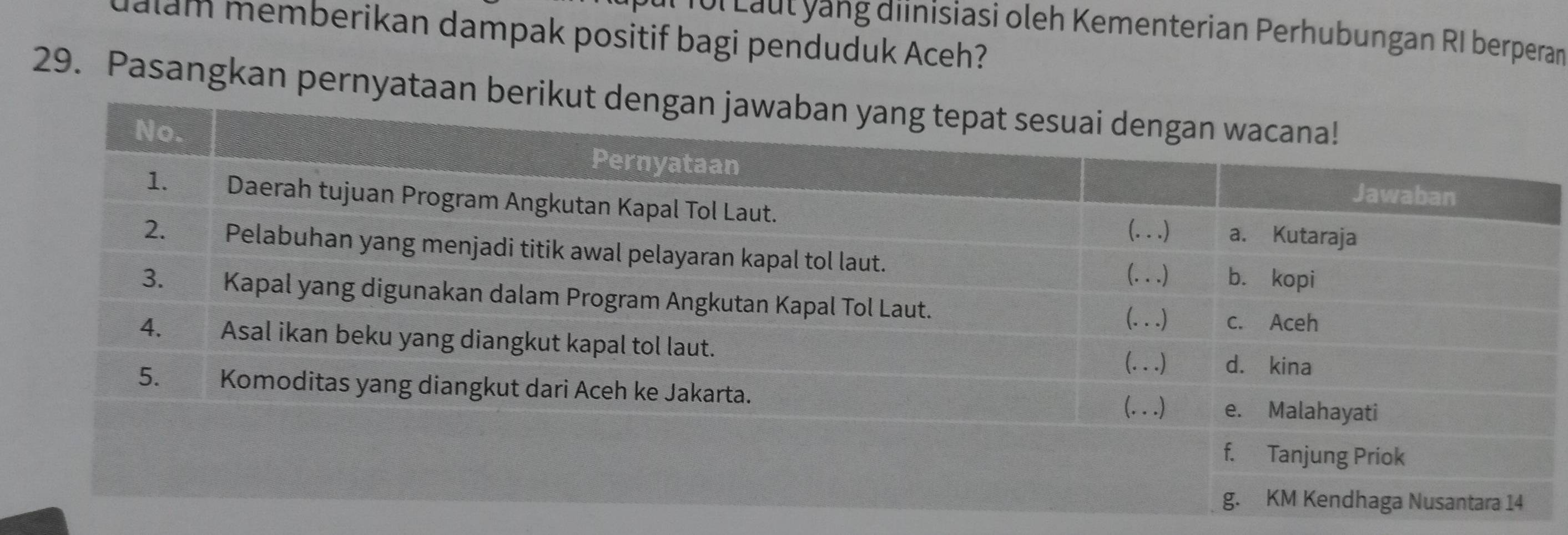 foi Laut yang diinisiasi oleh Kementerian Perhubungan RI berperan 
lam memberikan dampak positif bagi penduduk Aceh? 
29. Pasangkan pernyataan beriku