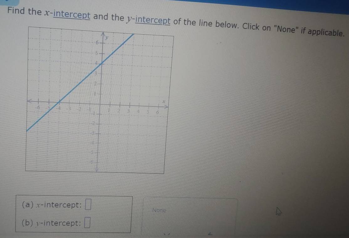 Find the x-intercept and the y -intercep the line below. Click on "None" if applicable. 
(a) x-intercept: 
None 
(b)y-intercept: