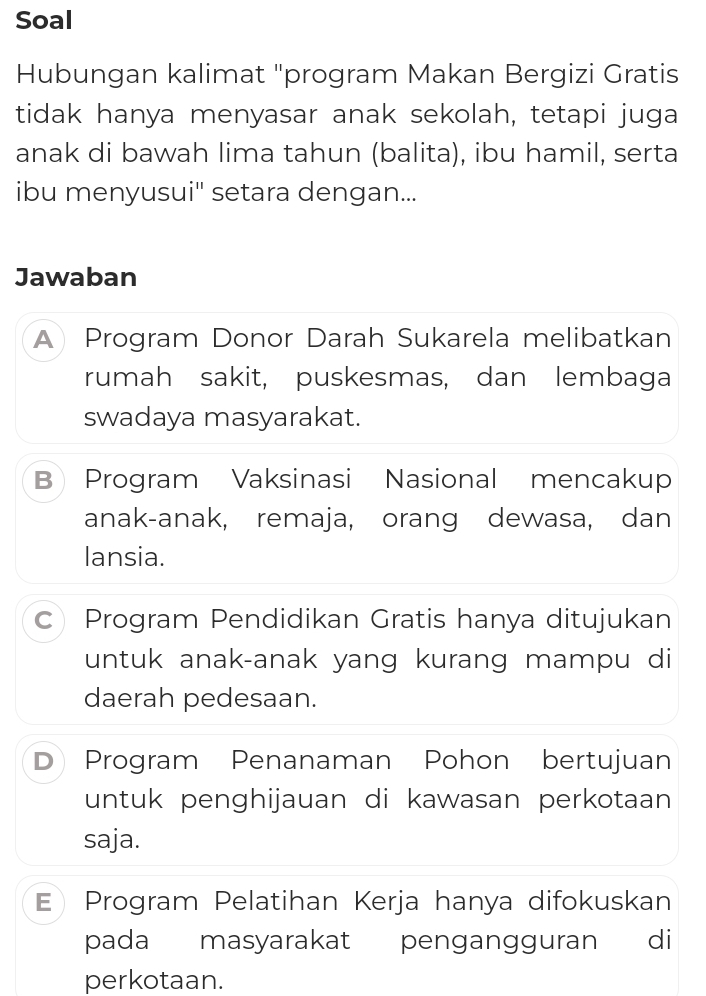 Soal
Hubungan kalimat ''program Makan Bergizi Gratis
tidak hanya menyasar anak sekolah, tetapi juga
anak di bawah lima tahun (balita), ibu hamil, serta
ibu menyusui'' setara dengan...
Jawaban
A Program Donor Darah Sukarela melibatkan
rumah sakit, puskesmas, dan lembaga
swadaya masyarakat.
B Program Vaksinasi Nasional mencakup
anak-anak, remaja, orang dewasa, dan
lansia.
c Program Pendidikan Gratis hanya ditujukan
untuk anak-anak yang kurang mampu di
daerah pedesaan.
D Program Penanaman Pohon bertujuan
untuk penghijauan di kawasan perkotaan
saja.
E Program Pelatihan Kerja hanya difokuskan
pada masyarakat pengangguran di
perkotaan.