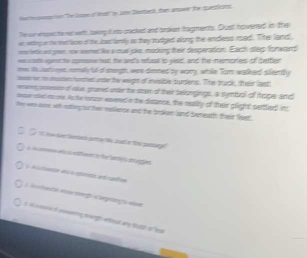 ' rt am The Gsass o Wra' dey Jnon Beentieh, tieen cansoweer tee queent fron 
The wat whered teead eath beaking K nto cadleed and dkem fragmems. Duss iowerad in the 
ant nening on thee brd facces oft thre liart familly ass they troutiged along the endlenss road. The land 
md fehi and green row seemed like a umel jole, madsing their diespercation. Each step forweard 
wan o catle agant the cppressive beal, the land is refursal to welld , and the merories of betier 
tmes. Mke Iad s eyess, monmelly full of stteength, were dimmed by worry, while Tom walked sienly 
rede er his dmster humbted) under the warghht of inwsible burdens. The (ruck, their (as) 
remaning posession of rave goared under he stain of their belongings, a symbol of hope and 
ersen otled oo one. Ao te ronon wevered in the distance, the reality of their plight settted in 
they were some with cooting out their redfiense and the brdem land beneath teir feet 
1 te cen tenieth portny We, loadl on th pannargd 
N oee es in eiffement to the famif is a unes 
O ls mander ens o spemete and caméne 
s Acodunte ee sg s begnng s waes 
6 Sconmee d seweeng trengl eftind any Soust or fear