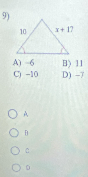 A) -6 B) 11
C) -10 D) -7
A
B
C
D