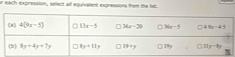 or each expression, select alll equivalent expressions from the list.