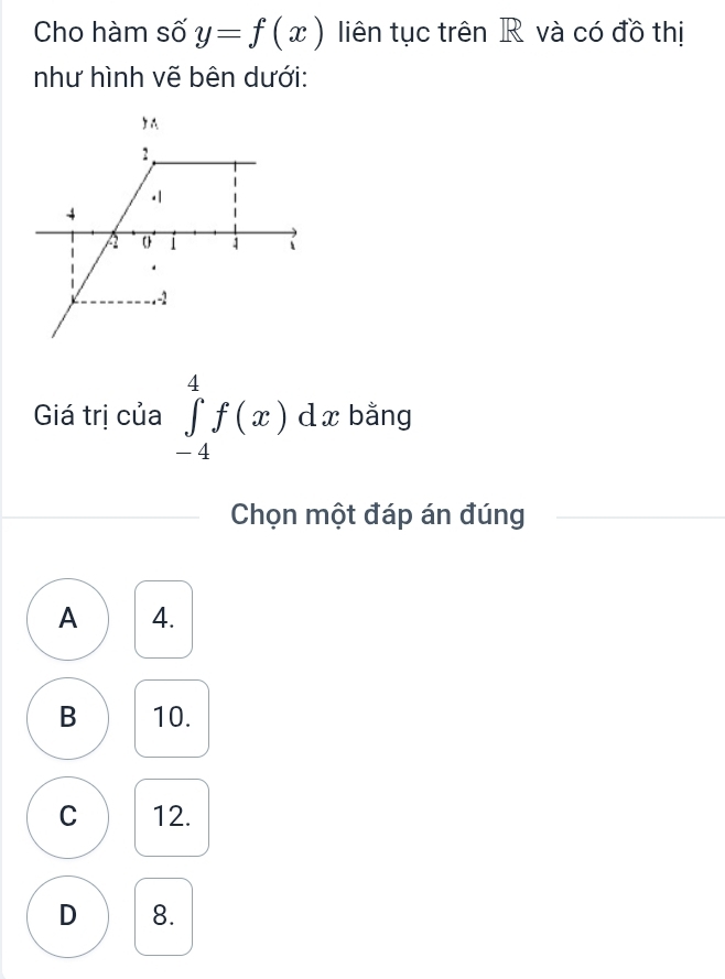 Cho hàm số y=f(x) liên tục trên R và có đồ thị
như hình vẽ bên dưới:
Giá trị của ∈tlimits _(-4)^4f(x)dx bằng
Chọn một đáp án đúng
A 4.
B 10.
C 12.
D 8.