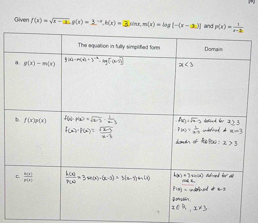 [6]
Given f(x) = √x - 3,g(x) =3 -*,h(x) =_ sinx, m(x)=log [-(x-3)] and