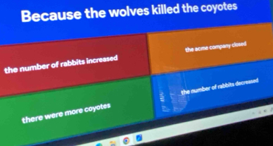 Because the wolves killed the coyotes
the number of rabbits increased the acme company closed
there were more coyotes the number of rabbits decreased