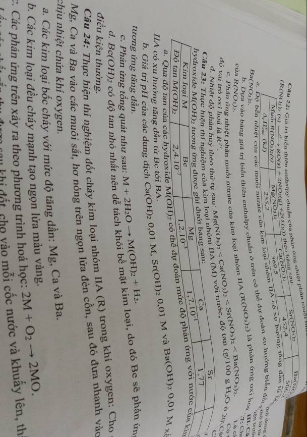 ôi n
của
 
tện trưở
b. Dựa vào băng giá trị biển thiên enthalpy chuẩn ở trên cóừ
Ba(NO_3)_2.
II. Cã
của R(NO_3)_2.
c. Phân ứng nhiệt phân muối nitrate của kim loại nhóm IIA A(R(NO_3)_2) là phân ứng oxi hoá  Ch
Là cí
Có
an Mg(NO_3)_2 (g/100 g H_2O ở 2â
IIA có xu hướng tăng dần từ Be tới Ca(OH)_20,01M,Sr(OH)_20,01MvaBa(OH)_20,01M* 8 n
a. Qua độ tan của các hydr
b. Giá trị pH của các dung dịch
tương ứng tăng dần.
c. Phản ứng tổng quát như sau: M+2H_2Oto M(OH)_2+H_2.
d. Be(OH)2 có độ tan nhỏ nhất nên dễ tách khỏi bề mặt kim loại, do đó Be sẽ phản ứn
điều kiện thường.
Câu 24: Thực hiện thí nghiệm đốt cháy kim loại nhóm IIA (R) trong khí oxygen: Cho
Mg, Ca và Ba vào các muôi sắt, hơ nóng trên ngọn lửa đèn cồn, sau đó đưa nhanh vào
chịu nhiệt chứa khí oxygen.
a. Các kim loại bốc cháy với mức độ tăng dần: Mg, Ca và Ba.
b. Các kim loại đều cháy mạnh tạo ngọn lửa màu vàng.
c. Các phản ứng trên xảy ra theo phương trình hoá học: 2M+O_2to 2MO.
T khi đốt cho vào mỗi cốc nước và khuây lên, th