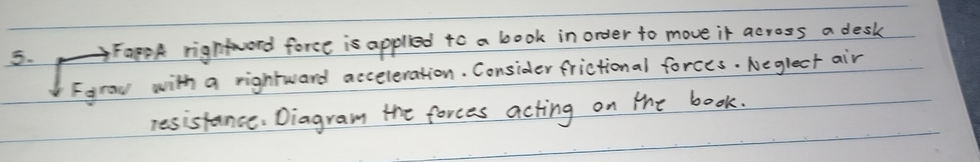 FaPok rignfword force is applied to a book in order to move it across a desk 
Fgrow with a rightward acceleration. Consider frictional forces. Negleet air 
resistance. Diagram the forces acting on the book.