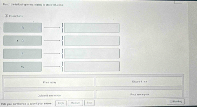 Match the following terms relating to stock valuation: 
① Instructions
P_1
O_1
R
P_0
Price today Discount rate 
Dividend in one year Price in one year
Rate your confidence to submit your answer. High Medium Low Reading