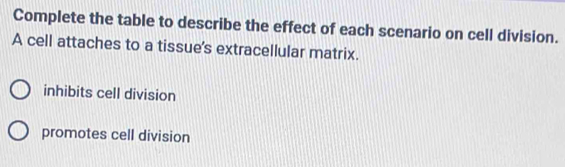 Complete the table to describe the effect of each scenario on cell division.
A cell attaches to a tissue's extracellular matrix.
inhibits cell division
promotes cell division