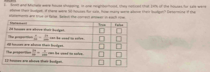 netent
1. Scott and Michele were house shopping. In one neighborhood, they noticed that 24% of the houses for sale were
above their budget. If there were 50 houses for sale, how many were above their budget? Determine if the
statements are true or false. Select the correct answer in each row.