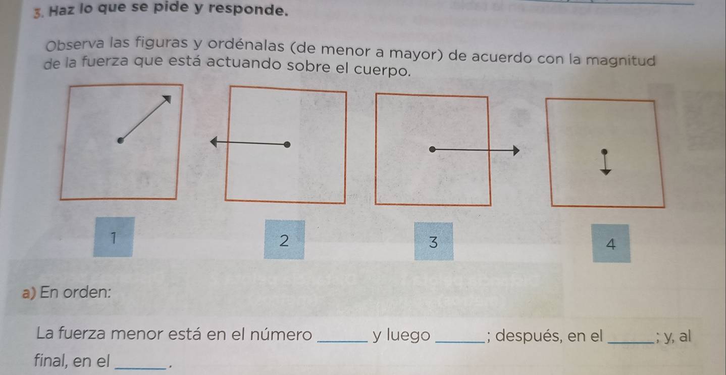 Haz lo que se pide y responde. 
Observa las figuras y ordénalas (de menor a mayor) de acuerdo con la magnitud 
de la fuerza que está actuando sobre el cuerpo. 
1 
2 
3 
4 
a) En orden: 
La fuerza menor está en el número _y luego_ ; después, en el _; y, al 
final, en el_