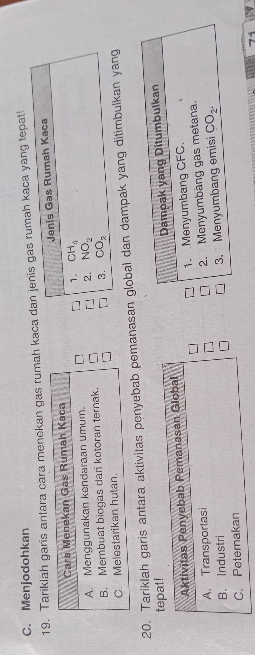 Menjodohkan
19. Tariklah garis antara cara menekan gas rumah kacaumah kaca yang tepat!
20. Tariklah garis antara aktivitas penyebab pemanasan global dan dampak yang ditimbul
74