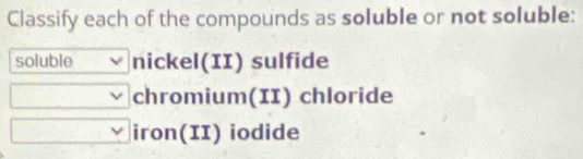 Classify each of the compounds as soluble or not soluble:
soluble nickel(II) sulfide
chromium(II) chloride
iron(II) iodide