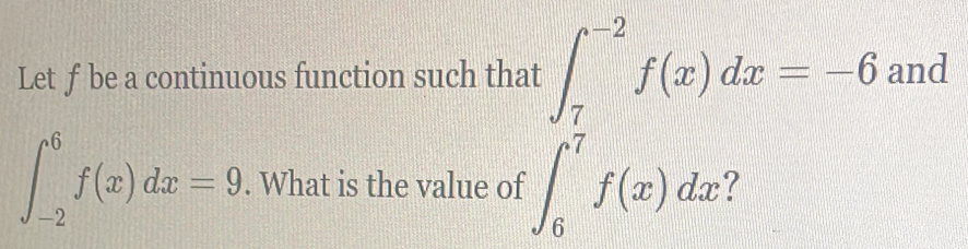 Let f be a continuous function such that ∈t _7^(-2)f(x)dx=-6 and
∈t _(-2)^6f(x)dx=9. What is the value of ∈t _6^7f(x)dx ?