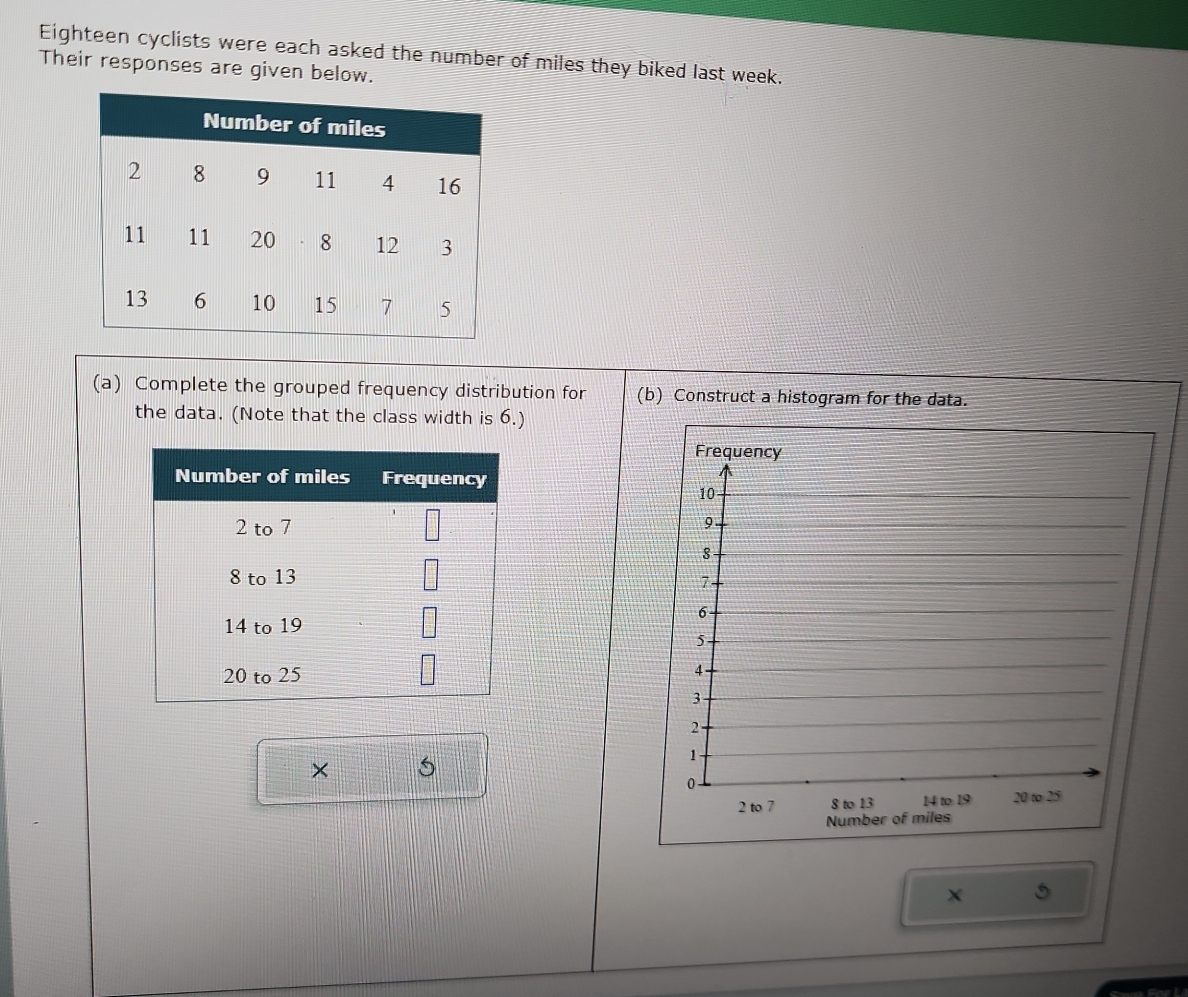 Eighteen cyclists were each asked the number of miles they biked last week. 
Their responses are given below. 
(a) Complete the grouped frequency distribution for (b) Construct a histogram for the data. 
the data. (Note that the class width is 6.) 
× s