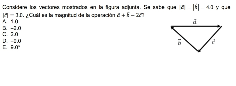 Considere los vectores mostrados en la figura adjunta. Se sabe que |vector a|=|vector b|=4.0 y que
|vector c|=3.0 ¿ Cuál es la magnitud de la operación vector a+vector b-2vector c 7
A. 1.0
B. -2.0
C. 2.0
D. -9.0
E. 9.0^*